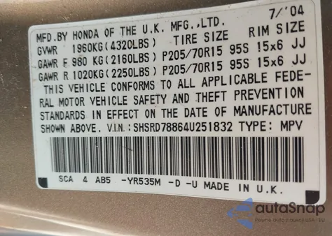 2004 Honda Cr-V Ex from USA, damaged, VIN SHSRD78864U251832